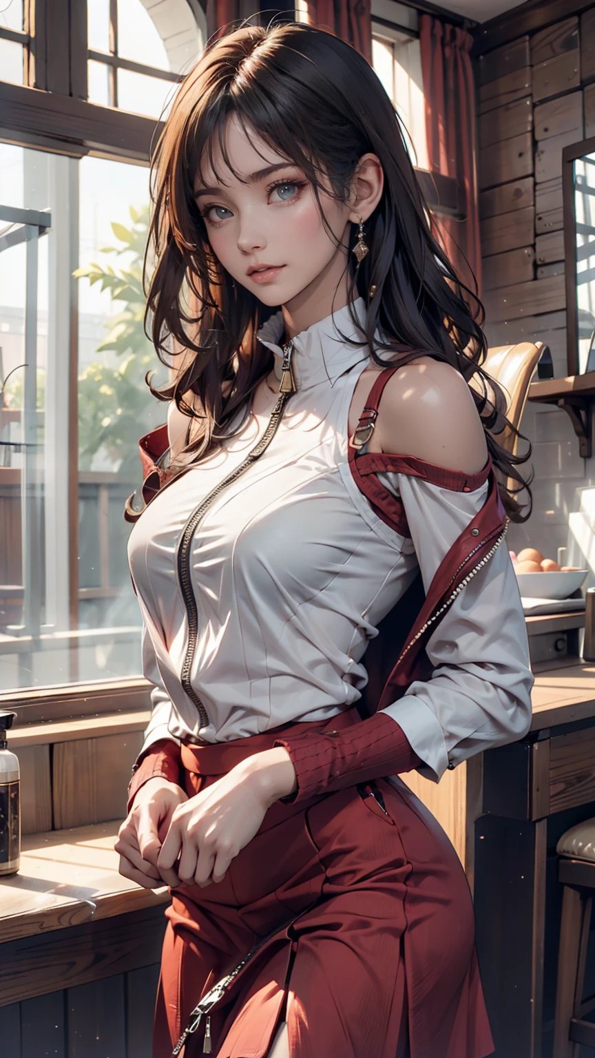 (solo), (Aerith Gainsborough) standing, final fantasy, large breasts, (cropped jacket), (long button dress:1.5) with open lower body, nsfw, (show off vagina for viewer:1.5), orgasm, skinny long legs