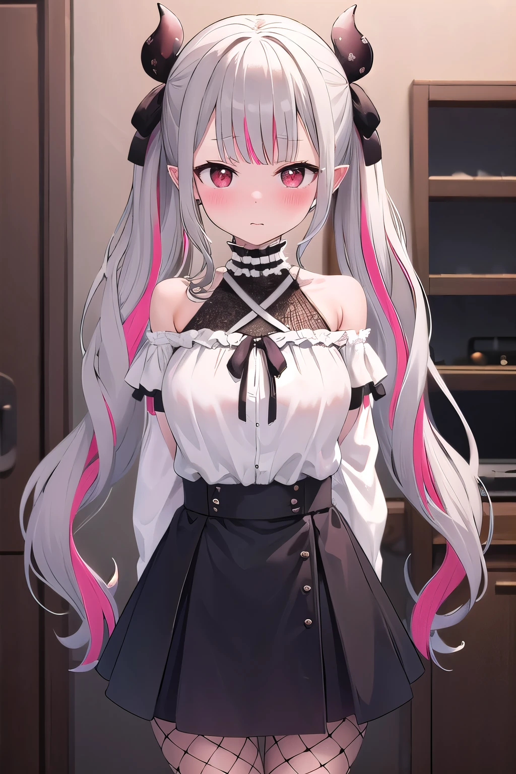 hmnab, multicolored hair, hair bow, twintails, white shirt, black skirt, fishnets, bare shoulders, puffy sleeves, standing, shy, highres  blush, closed mouth, lean forward, in the room, Big Breasts, Arms folded behind back, cowboy shot, masterpiece, best quality