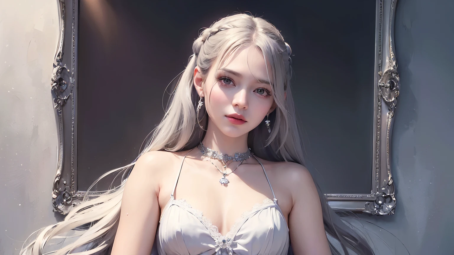 cleavage, masterpiece, best quality, 35mm, 8k, absurdres, beautiful girl, (upper body, light grey background:1.4), (light grey classical dress, light grey hair:1.6), slender, dark studio, rim lighting, ultra realistic, highres, photography, film grain, chromatic aberration, depth of field, sharp focus, HDR, facelight, dynamic lighting, cinematic lighting, professional shadow, dark shadow, highest detailed, extreme detailed, ultra detailed, finely detail, real skin, delicate facial features, detailed face and eyes, sharp pupils, realistic pupils, Trang Tien
