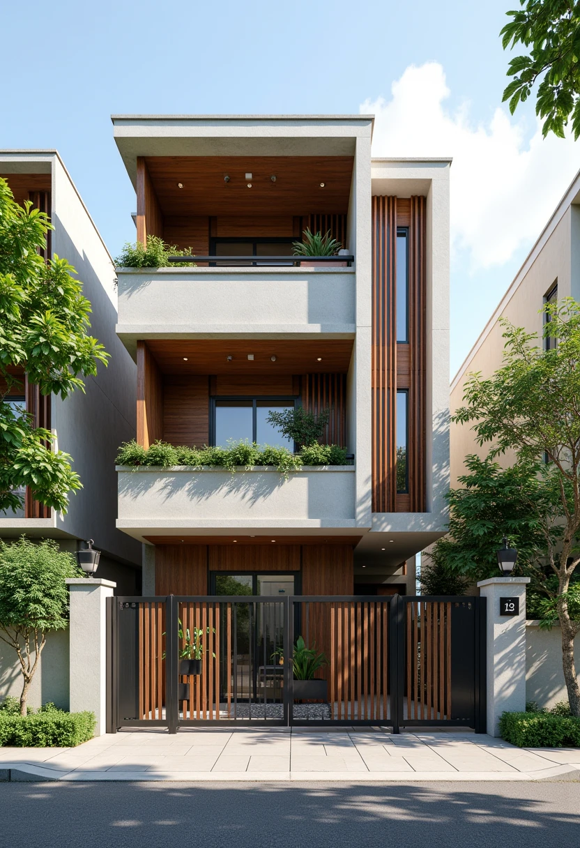 modern architectural design of a three-story residential building, typical of urban Vietnamese architecture, featuring a sleek facade with a combination of wooden accents and concrete elements, lush greenery adorning each balcony, bright daylight illuminating the scene, soft shadows cast by the trees, a minimalistic front gate with a stylish grid pattern, the scene is set in a suburban neighborhood, showcasing a clean sidewalk and modern streetlights, atmospheric urban vibe, color palette of warm browns, soft grays, and vibrant greens, hyperrealistic rendering, capturing intricate details of textures and materials.