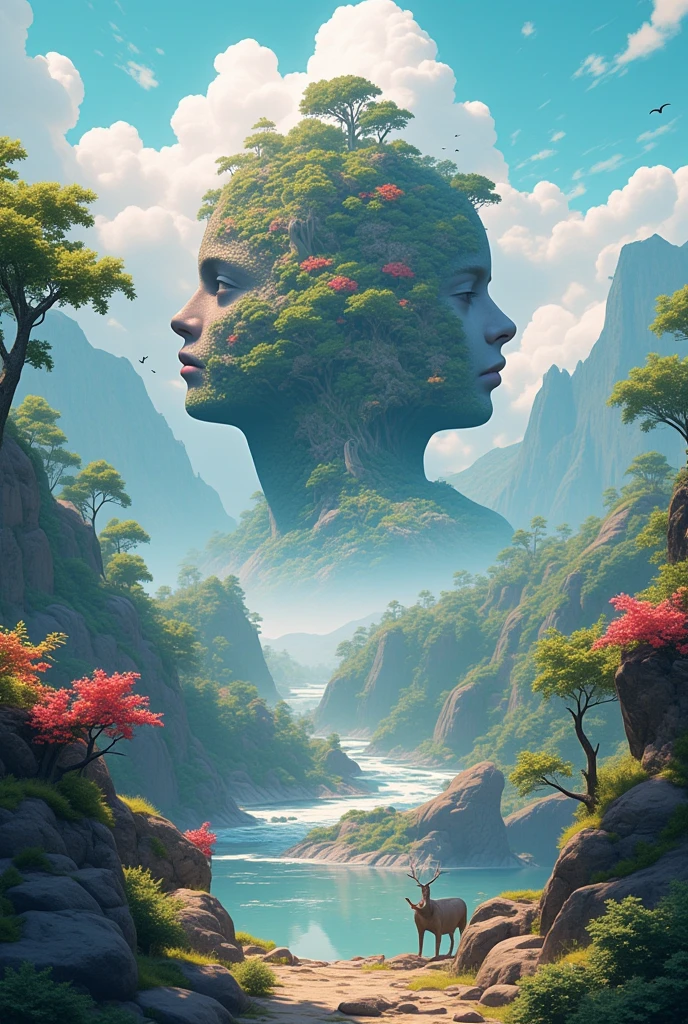 Create a surreal painting that depicts an optical illusion of a face formed by elements of nature and objects in the scene. The face should subtly emerge from a landscape, with features created by trees, rivers, mountains, and other natural shapes. Add additional details like clouds, animals, and plants to enhance the illusion and make the face feel hidden within the scene. The color palette should be vibrant but realistic, capturing a serene, harmonious atmosphere. Make the face transparent and seamlessly integrated into the landscape, facial features made of rocks, a cave, stream, grass and trees, trending on artstation, sharp focus, studio photo, intricate details, highly detailed, by greg rutkowski