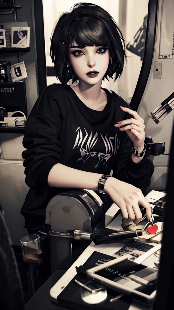 Maxine Caufield, 1-person,, black lipstick, eyeliner, eye shadow, mascara, smoky eyes, black lips, natural lighting, black lips, sweatshirt, sweetheart