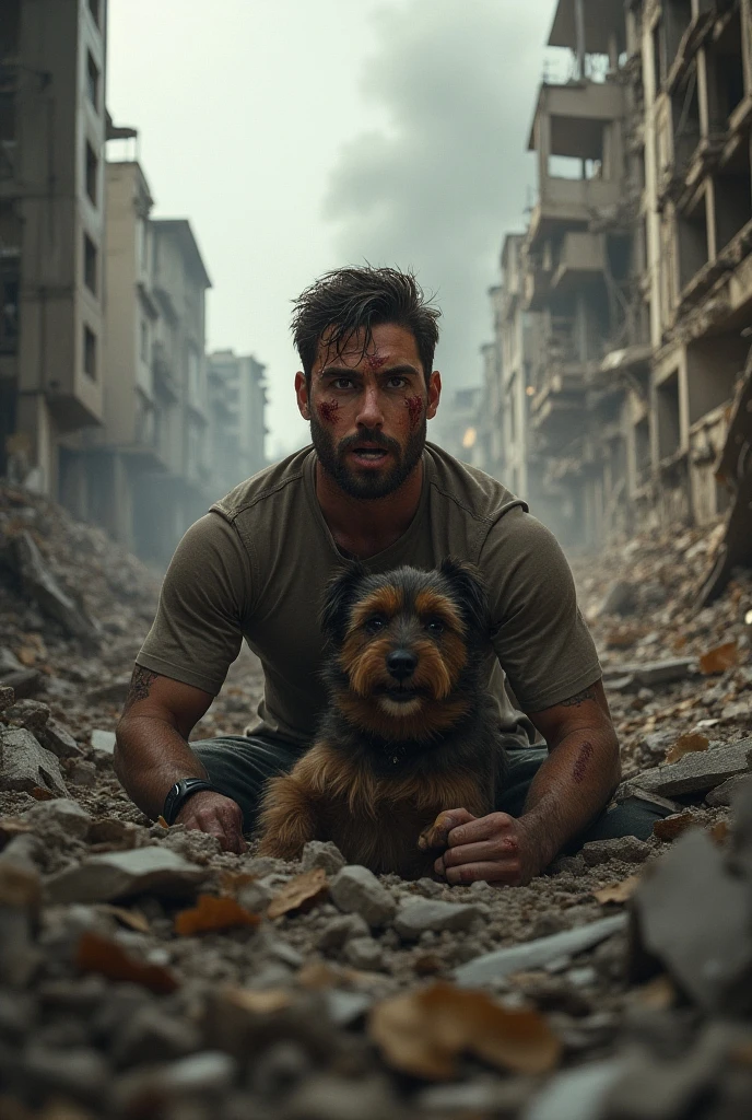 FULL SHOT, FRONT VIEW FACING THE CAMERA ACTOR WILL SMITH EQUIPPED IN MILITARY UNIFORM ARMED WITH AUTOMATIC RIFLE WALKING THROUGH THE RUINS OF NEW YORK A SHEPHERD DOG WALKS NEXT TO HIM AND A MAN MUTANT IS WATCHING FROM THE WINDOW, DRAMATIC AND LIGHT, POST-APOCALYPSE ATMOSPHERE, SUPER HIGH RESOLUTION, SUPER FINE FOCUS, BEST QUALITY, 32K, HDR, STEVE MCCURRIE STYLE, HYPER PHOTOREALISM