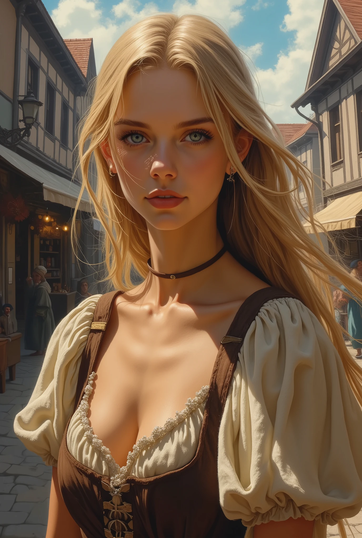 ne0nfant4sy, masterpiece, oil painting of stunningly beautiful blonde girl  as a medieval peasant girl, pretty face, detailed face, pretty face, round cheeks,  detailed eyes, graue Augen, big eyes, ((full lips)), ((blond)), ((blonde hair)), Haaransatz, cleavage, Portrait,  full cleavage, full lips, soft skin, (poor wooly dress), dreamy look, people in background, (detailed medieval village in background, background with elements of a medieval marketplace), oil painting, american shot  looking at the viewer, seductive smile, inviting smile, 