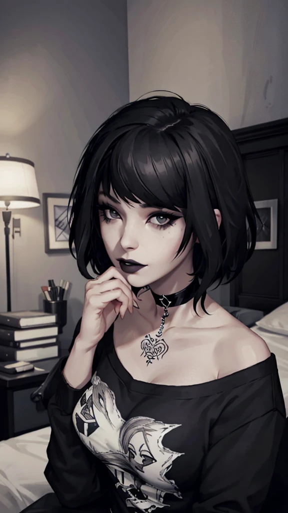 Maxine Caufield, 1girl, woman, emo_hairstyle, black lipstick, big choker, eyeliner, eye shadow, mascara, smoky eyes, black lips, bedroom, natural lighting, perfect face, emo, big breasts, black lips, sweatshirt, over the shoulder, tattoo, (Nude:1)