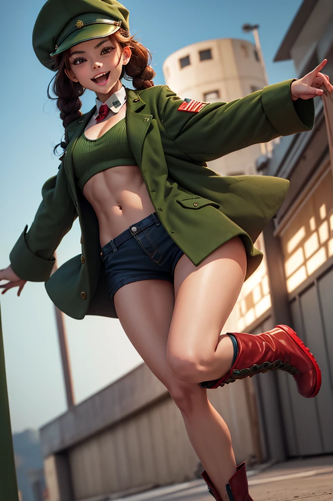 a woman in military uniform and hat doing an air step in a green long coat and boots, 1girl, solo, hat, braid, twin braids, sleeves past wrists, open mouth, red footwear, shorts, smile, navel, midriff, blue shorts, brown hair, shoes, looking at viewer