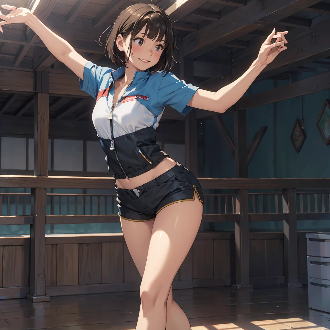 (super flat, flat shading), Honors Type, Really blushing, 17 years old, (eat Match:1.5), 2girls, (fighting:1.5), wearing white (high-cut bikini uniform:1.5), wedgie:1.5, cameltoe:1.7, sports shoes, ponytail brown hair, sweaty healthy body, sweaty soaking wet full body, bare legs, navel, ultra realistic, early morning, breeze, in crowded public gymnastics,