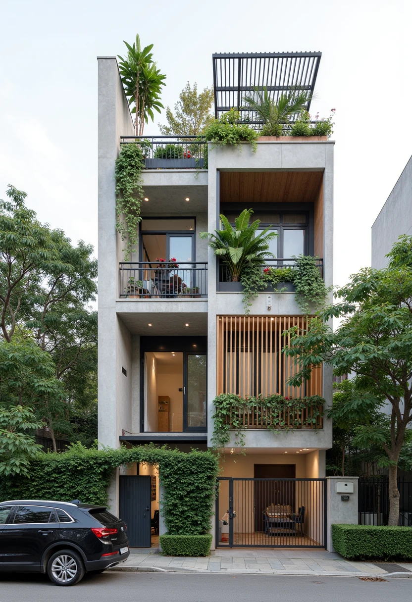 This image showcases a contemporary town-story house design, typical of urban Vietnamese architecture. The design prioritizes vertical space, integrates natural elements, and maintains a clean, modern aesthetic.
Structure and Form: The house is tall and narrow, maximizing the use of a limited footprint. The facade is primarily a light gray or concrete finish, providing a neutral backdrop. Clean lines and rectangular shapes define the structure.
Greenery: Integrated plants and greenery are a key feature. Planter boxes on each balcony and cascading vines create a vertical garden effect, softening the building's hard lines and bringing nature into the urban environment. The top floor features a more substantial planter box with a variety of plants, including some flowering species. A light-colored wood privacy screen on the top floor adds warmth and complements the greenery.
Entrance and Gate: The ground floor features a combined entrance and garage space. The gate is a mix of dark gray metal and warm-toned wood, adding visual interest and a touch of elegance. A low hedge provides privacy and defines the boundary of the property.

Windows and Balconies: Large windows and glass doors on each floor maximize natural light and ventilation. The windows likely have dark frames, creating a contrast with the lighter facade. The balconies have simple metal railings.

Rooftop Structure: A metal and glass awning or pergola covers the rooftop terrace, providing shade and a designated outdoor space.

Surroundings and Context: The house is situated in an urban environment, with trees and other buildings visible in the background. A black car parked on the street adds to the sense of scale and suggests an urban setting.

Overall Impression: The house design is modern, functional, and environmentally conscious. The integration of greenery softens the urban setting and creates a visually appealing facade. The mix of materials, including concrete, wood, and metal