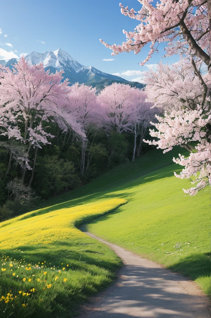 spring_prompt = f"A rejuvenated {mountain range} in spring. The ground is covered in fresh green grass and newly blooming flowers. Trees have young green leaves, and there are patches of colorful wildflowers. Birds can be seen flying around, and the atmosphere is fresh and alive. The color palette includes soft greens, light pinks, yellows, and bright blues."
    print("Generating Spring image...")