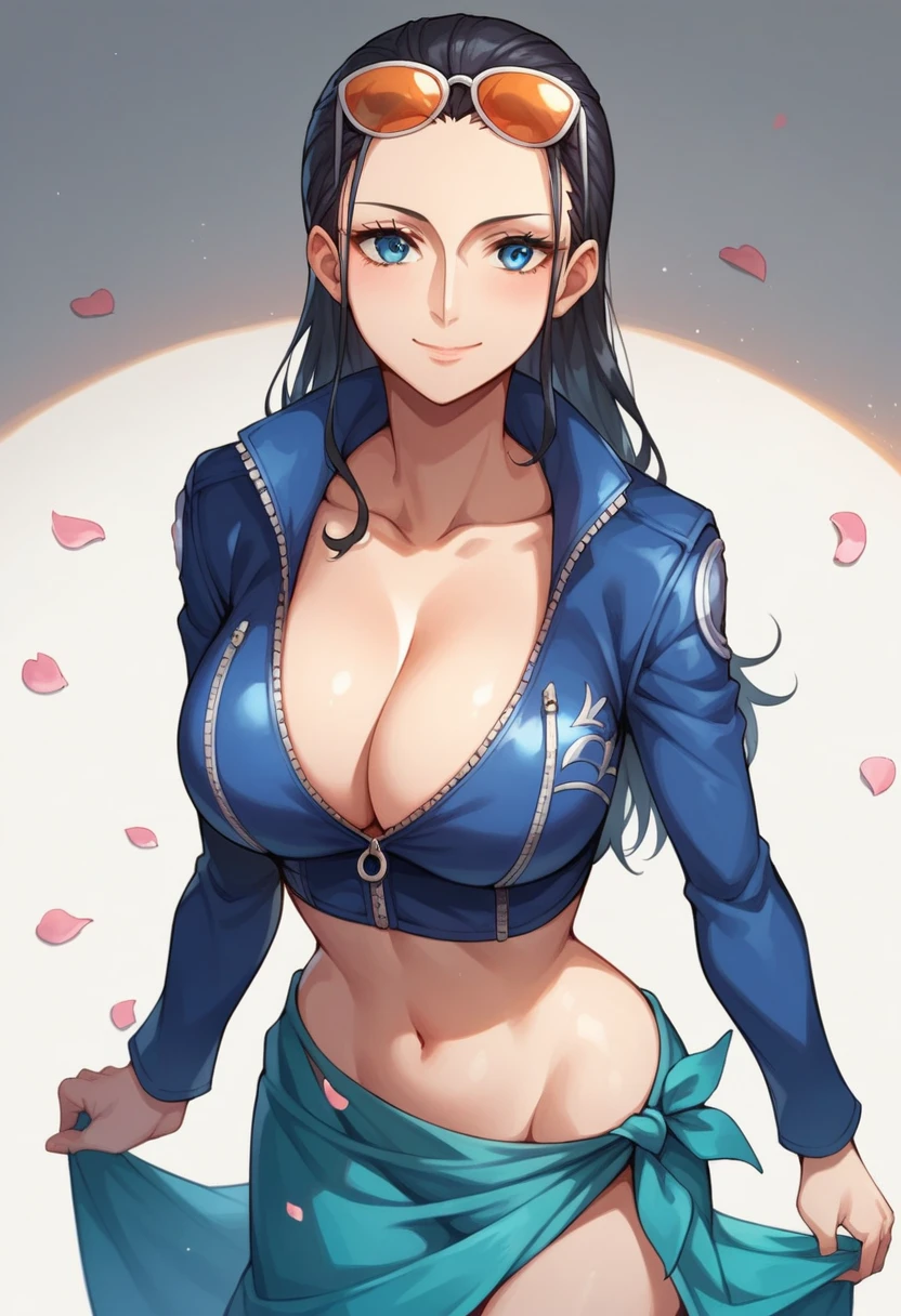 score_9, score_8_up, score_7_up, score_9, source_anime, BREAK  NicorobinSDXL, 1girl, solo, long hair, breasts, looking at viewer, smile, blue eyes, large breasts, black hair, navel, cleavage, closed mouth, standing, collarbone, blue jacket, short sleeves, cowboy shot, midriff, shiny, signature, stomach, crop top, petals, eyewear on head, zipper, cropped jacket,  sarong, zipper pull tab, tinted eyewear, hair slicked back, collared jacket, partially unzipped, nico robin, from above,