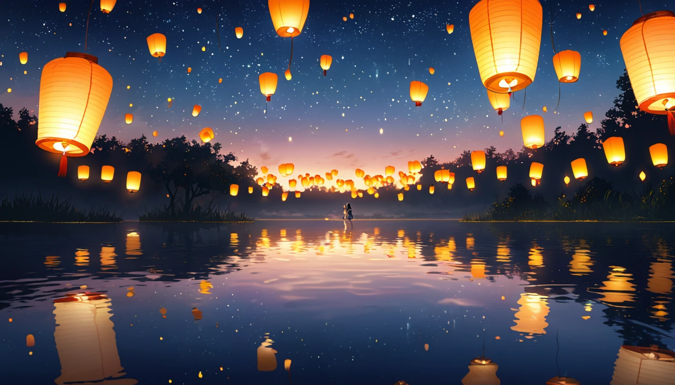 Night Sky,  Countless Floating Lanterns, Quiet Lake, Lantern Reflections , Warm Light, The stars twinkle, Romantic,  imaginary