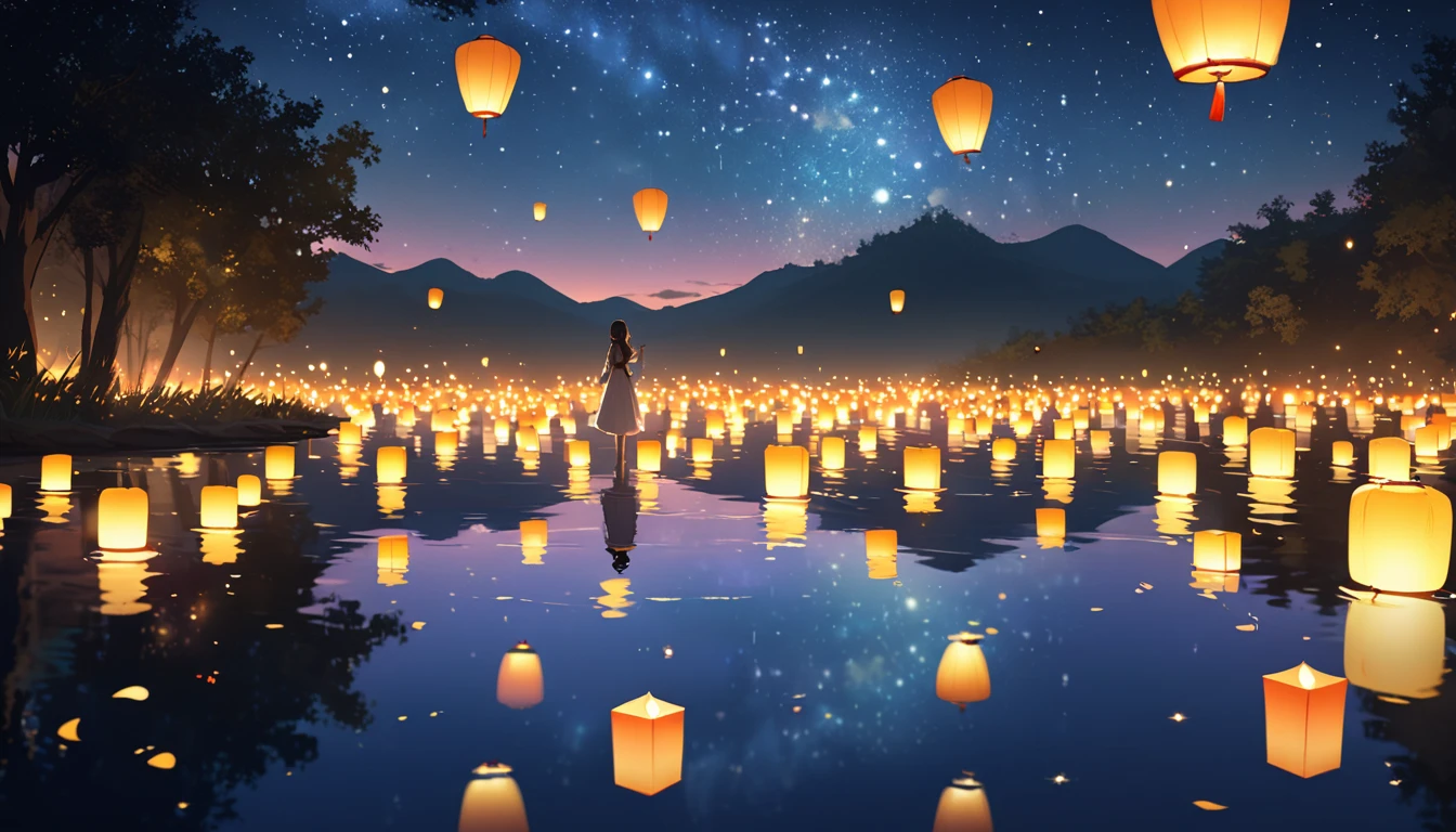 Night Sky,  Countless Floating Lanterns, Quiet Lake, Lantern Reflections , Warm Light, The stars twinkle, Romantic,  imaginary