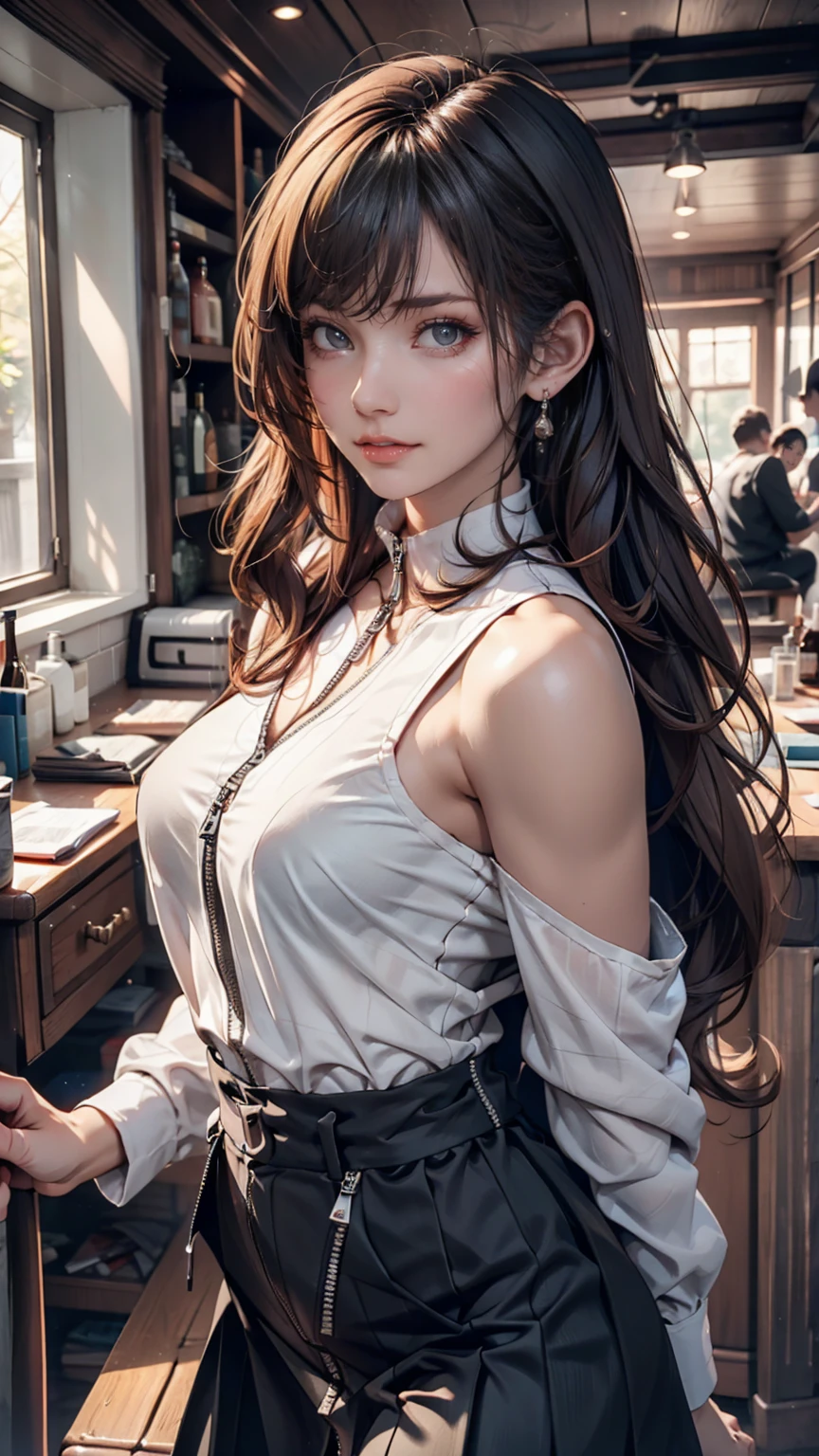 Florence Nightingale, (Ballet Costumes), Sitting in a chair, Smiling for the camera, White formal shirt, Loose collar button, Swollen nipples, Long, loose hair, (Delicate illustrations: 1.4), (Renaissance art: 1.4), (Ultra-high resolution: 1.2), (Photorealism: 1.4), (8k, RAW Photos: 1.2), (Soft Focus: 1.4), ( 18-year-old: 1.3), (Sharp focus: 1.4), Beautiful face with attention to detail, Pure rose face_v1