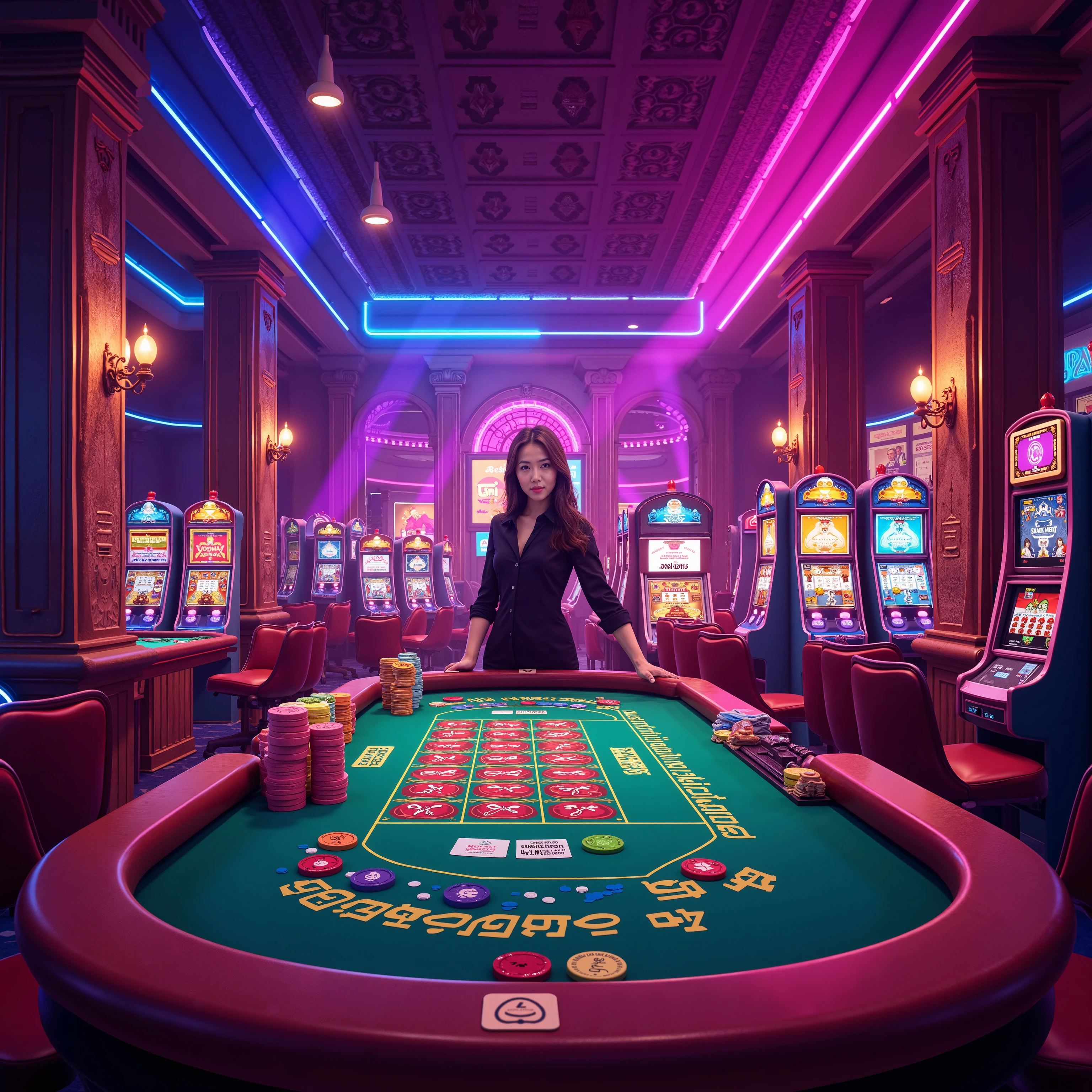 Gambler's Punishment, In a shimmering haze of neon lights, a gambler finds themselves trapped in an eternal cycle of their own making. A towering roulette wheel spins endlessly, its numbers frozen in time. Surrounding them, decks of cards dance in a hypnotic spectacle, revealing hands that can never be won. Shadows of dice flicker across the walls, their sum forever elusive. Time stands still, the gambler's restless spirit captured in a perpetual game of chance., Mysterious
