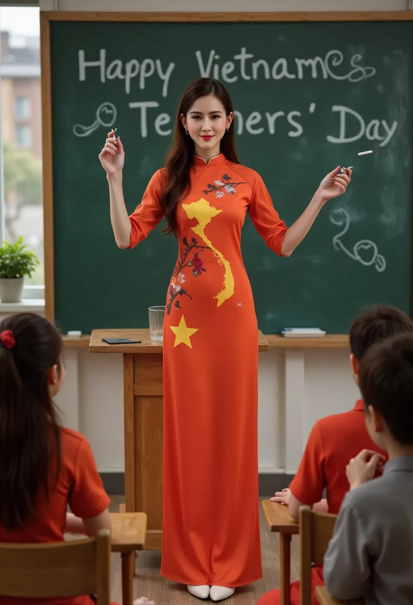 Vietnamese ao dai, Lisamy, full body view, standing on the long podium of the lecture, holding in his hand the chalk, close to the back is the board, with the words "CHUC MUNG NGAY NHA GIAO VIET NAM 20.11.2024" Written in white chalk, students in the classroom, a teacher