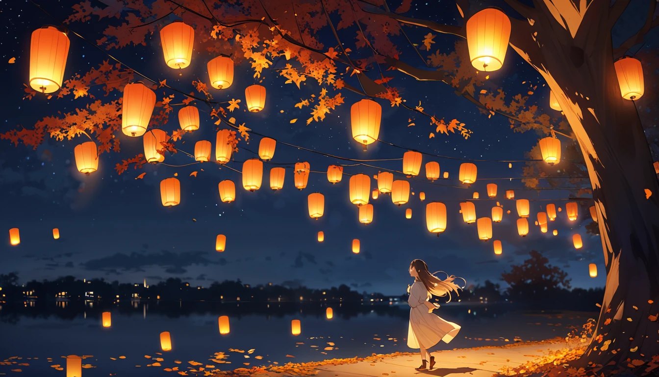 Autumn Night, Floating Lantern, Colored trees々, Cool breeze, Golden light ,  Dreamy Sight 