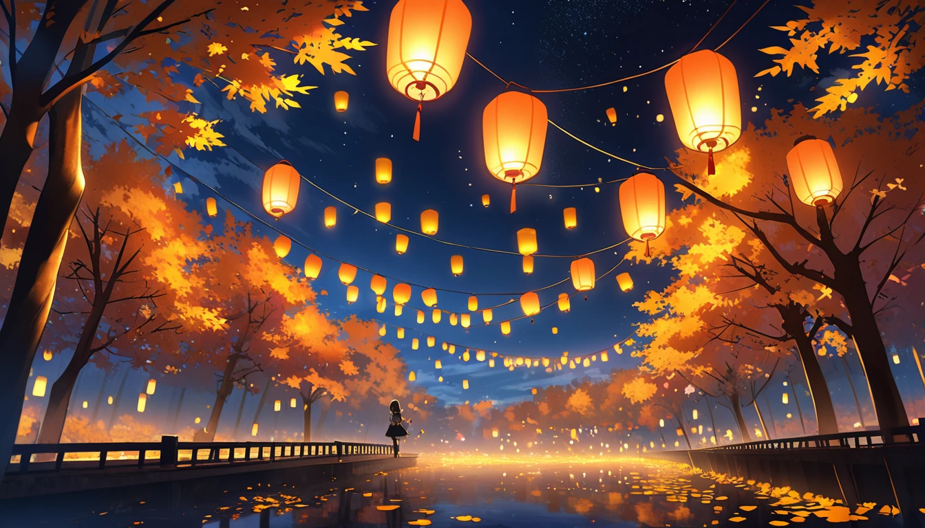 Autumn Night, Floating Lantern, Colored trees々, Cool breeze, Golden light ,  Dreamy Sight 