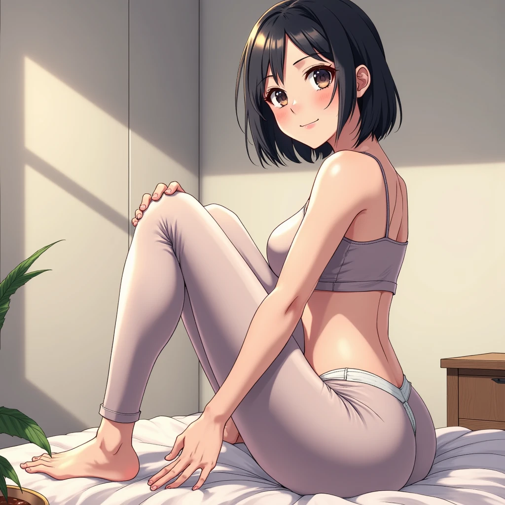 A anime illustration of a woman wearing leggings backwards, bare feet, crop top, short black bob hair, round ass, buttjob sex