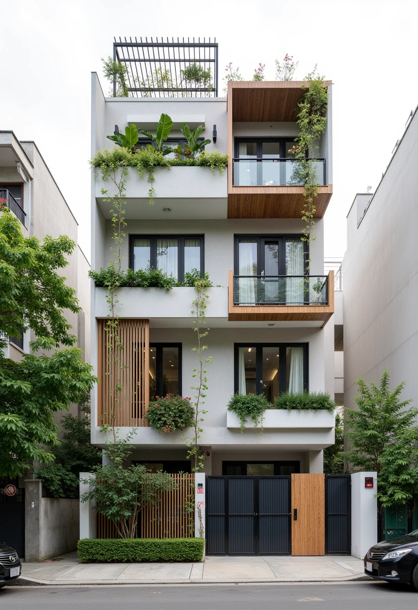 This image showcases a contemporary town-story house design, typical of urban Vietnamese architecture. The design prioritizes vertical space, integrates natural elements, and maintains a clean, modern aesthetic.
Structure and Form: The house is tall and narrow, maximizing the use of a limited footprint. The facade is primarily a light gray or concrete finish, providing a neutral backdrop. Clean lines and rectangular shapes define the structure.
Greenery: Integrated plants and greenery are a key feature. Planter boxes on each balcony and cascading vines create a vertical garden effect, softening the building's hard lines and bringing nature into the urban environment. The top floor features a more substantial planter box with a variety of plants, including some flowering species. A light-colored wood privacy screen on the top floor adds warmth and complements the greenery.
Entrance and Gate: The ground floor features a combined entrance and garage space. The gate is a mix of dark gray metal and warm-toned wood, adding visual interest and a touch of elegance. A low hedge provides privacy and defines the boundary of the property.

Windows and Balconies: Large windows and glass doors on each floor maximize natural light and ventilation. The windows likely have dark frames, creating a contrast with the lighter facade. The balconies have simple metal railings.

Rooftop Structure: A metal and glass awning or pergola covers the rooftop terrace, providing shade and a designated outdoor space.

Surroundings and Context: The house is situated in an urban environment, with trees and other buildings visible in the background. A black car parked on the street adds to the sense of scale and suggests an urban setting.

Overall Impression: The house design is modern, functional, and environmentally conscious. The integration of greenery softens the urban setting and creates a visually appealing facade. The mix of materials, including concrete, wood, and metal