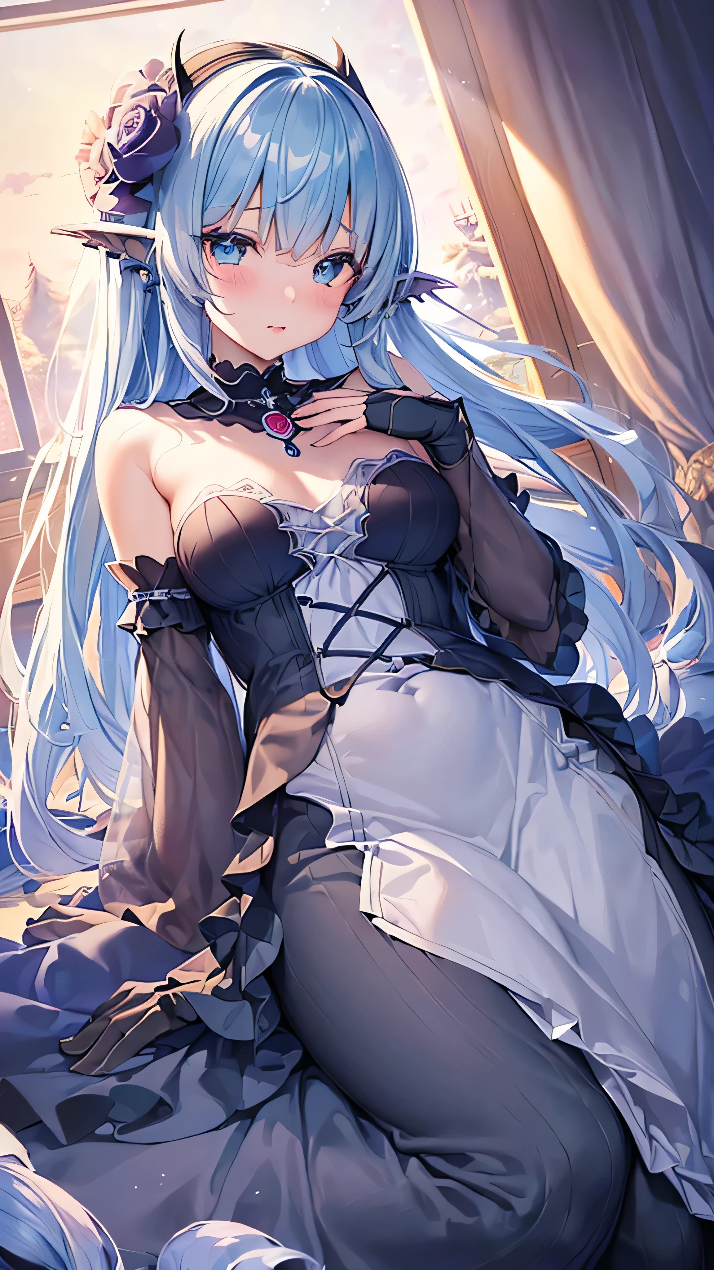 1 person、Gothic、(Dark fantasy)、Headband、Blue Rose、Exquisite details、delicate design、Black and blue outfit、Long sleeve、night、moon、