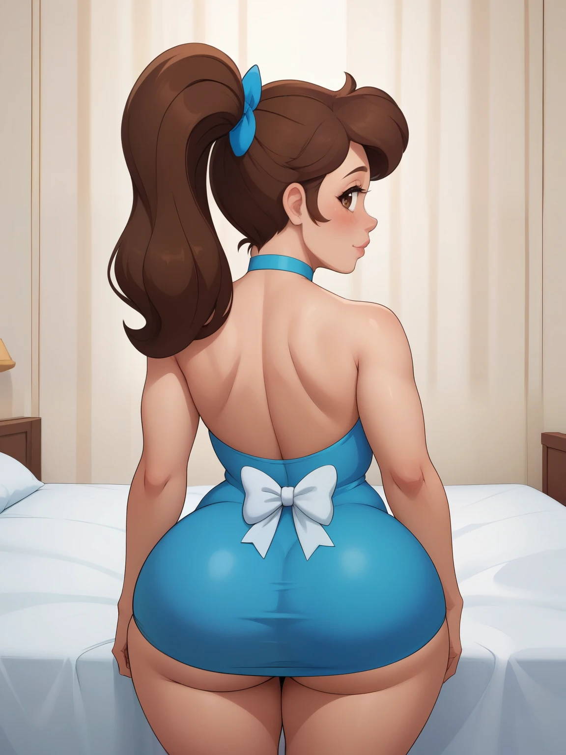 Princess Marco. brown eyes, brown hair, ponytail. small saggy breasts. huge hips. bbw. choker. bow. bed. mini dress. rear view
