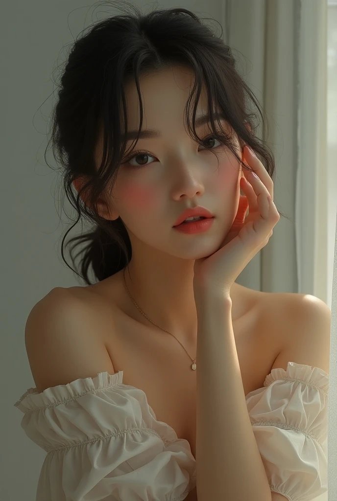 A Korean women with siren eyes, small straight pointy nose, wide plumb lips with hazel eyes, small face with v jawline and clear glass pale skin