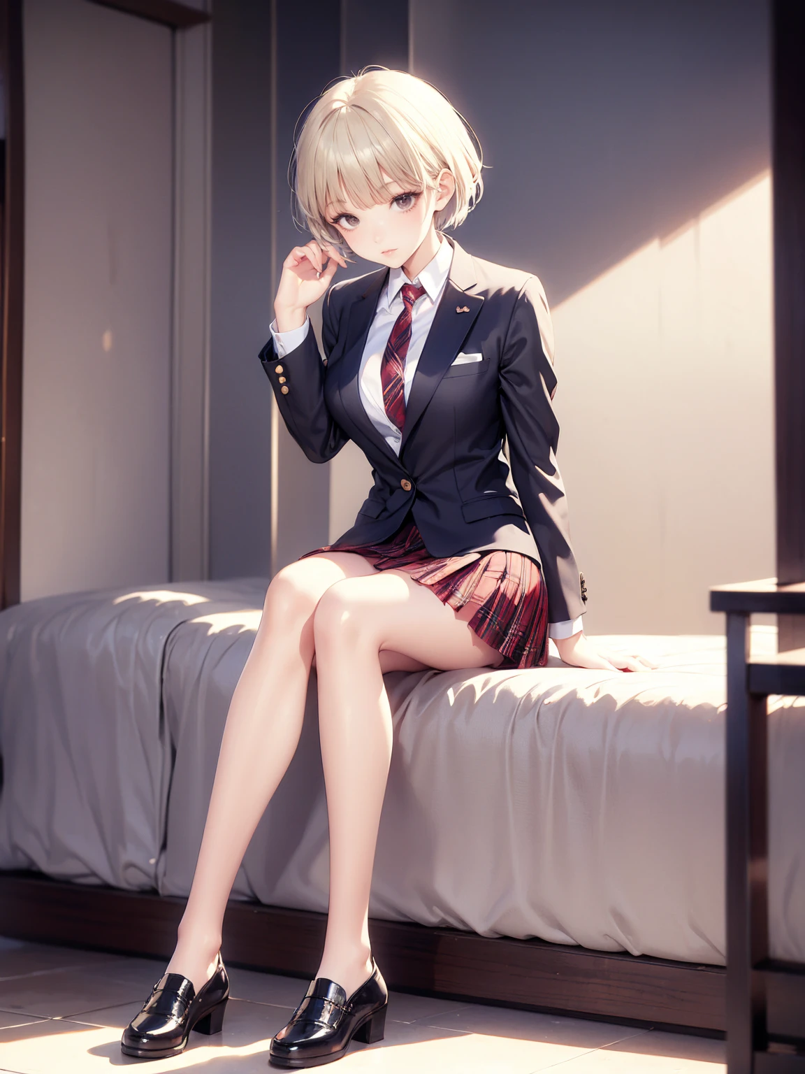 ((best quality, high resolution)), (delicate illustration), (pastel color style illustration:0.7), (watercolor style illustration:0.4), ((beautiful:1.3)), school blazer uniform style, plaid skirts, sitting, full body, short hair,