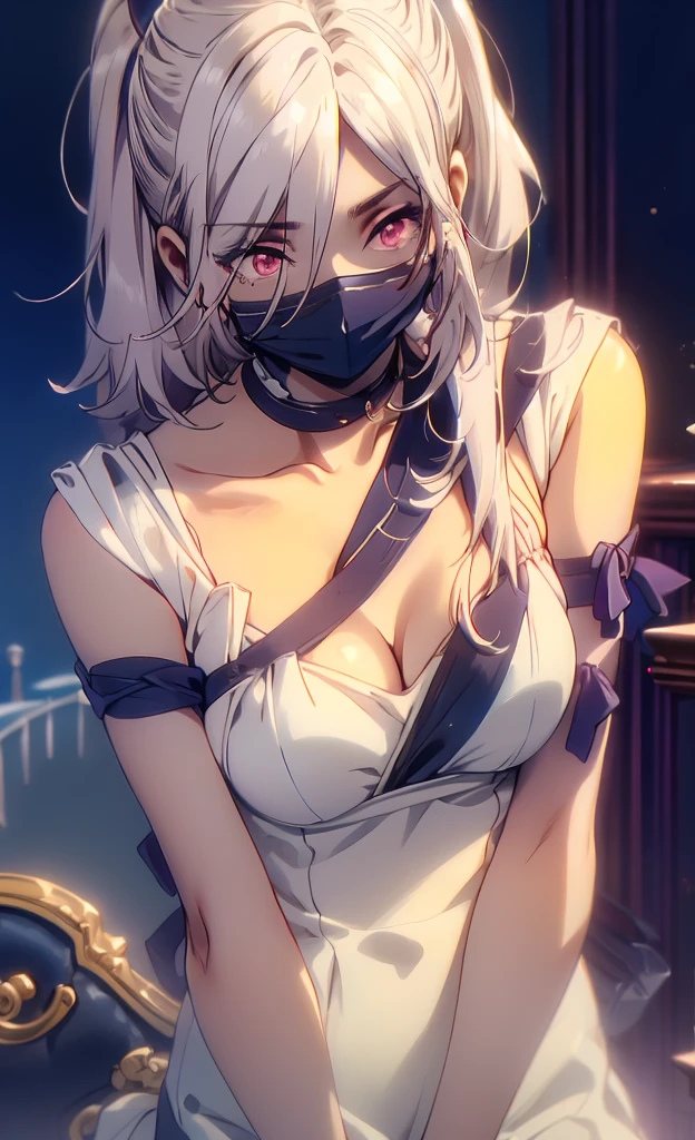 Nsfw, masterpiece, 1girl, solo, faust_(limbus_company), white hair, short hair, blue eyes, light blush, dull expression, expressionless, steam, sweat, alternative costume, cap, detached collar, ascot, face mask, white gloves, slingshot swimsuit, big breasts, cleavage, navel, thighs, thigh strap, on the streets, evening, cowboy shot 