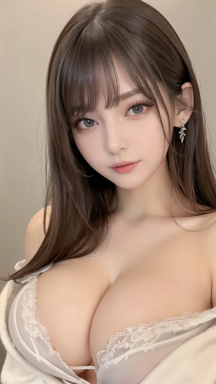 (Best Quality、4K、masterpiece :1.3)、Beautiful woman、 super detailed face、Detailed lips、 white skin、Gray colored eyes、 detail eyes、double eyelid、Good style、 dull bangs、off shoulder bathrobe、 cleavage:1.4、((Big Breasts:1.2))、 dynamic sexy pose  、 simple black background