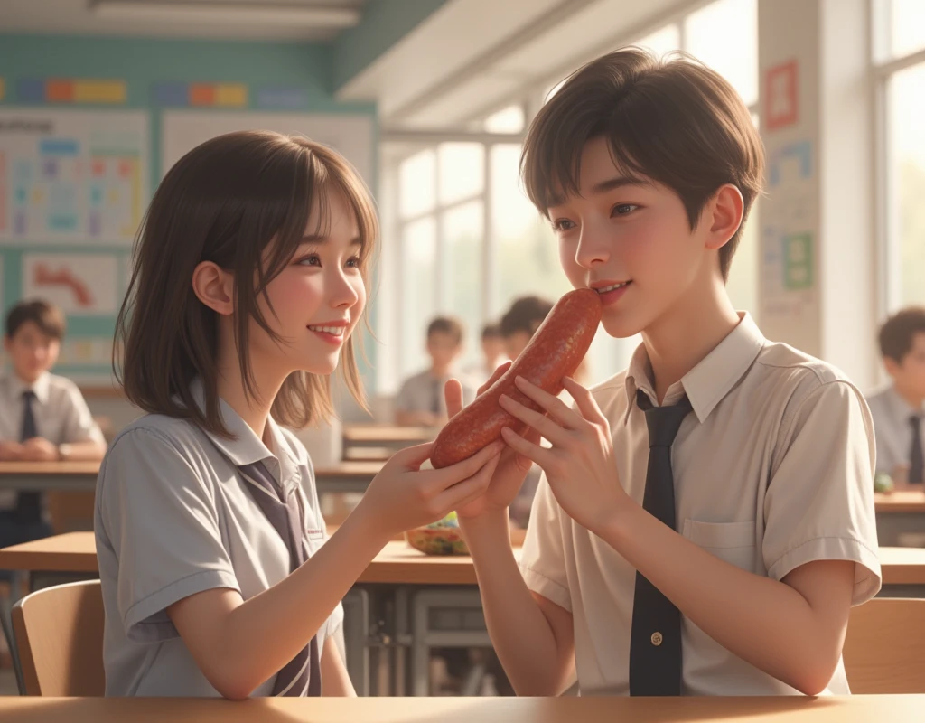 whole body、High school classroom、 short hair、A male student is holding a large Frankfurt sausage in his hand and feeding a female student、 chair during my trip to Spain、 beautiful girls、Handsome boy 、 wearing a high school uniform 、smile、