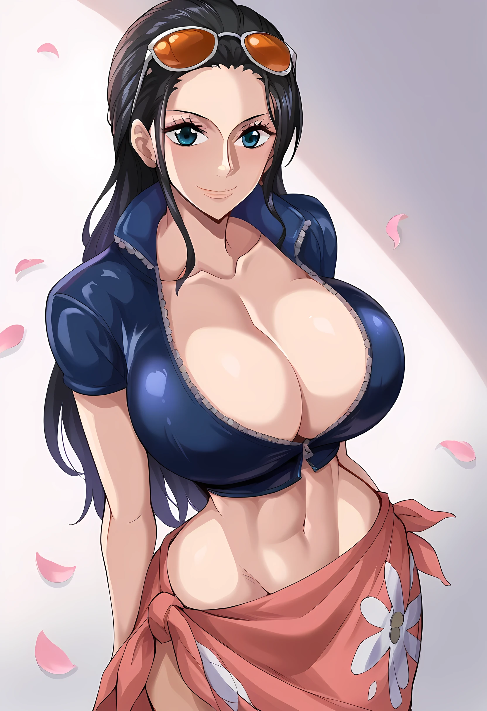 score_9, score_8_up, score_7_up, score_9, source_anime, BREAK  NicorobinSDXL, 1girl, solo, long hair, breasts, looking at viewer, smile, blue eyes, large breasts, black hair, navel, cleavage, closed mouth, standing, collarbone, blue jacket, short sleeves, cowboy shot, midriff, shiny, signature, stomach, crop top, petals, eyewear on head, zipper, cropped jacket,  sarong, zipper pull tab, tinted eyewear, hair slicked back, collared jacket, partially unzipped, nico robin, from above,