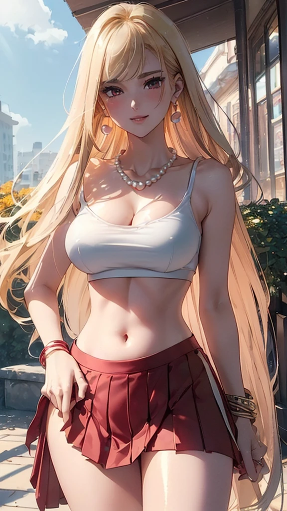 ((Masterpiece, Ultra High Quality, High Resolution, Ultra HD 8K Quality)), (Realism), (((Cool Beauty))), (((Perfect Slim Body))), (((Best Body Proportions))), (((Well-proportioned Body Proportions))), (((Shiny Blonde Hair))), (((Long Straight Hair: 1.3))), (((Bangs))), ((Clear Deep Ruby Red Eyes: 1.2)), (((Shiny Eyes: 1.2))), (((Eye Highlights: 1.2))), (((Light Blue Sports Bra: 1.2))), (((Tube Top Bra: 1.2))), (((Cleavage))), (((Light Blue Ultra Mini Skirt))), (((Pleated Skirt))), (((Slit skirt slit skirt))), (((Big earrings, pearl necklace, bangle))), (((Heavy and very large breasts))), (Open lips: 1.1, Blush: 1.05), (Sun: 1.05, Flowers), Romantic, 3D rendering, Best quality, (Masterpiece), Beautiful smile, (((Beautiful standing pose))), Autumn shopping street background