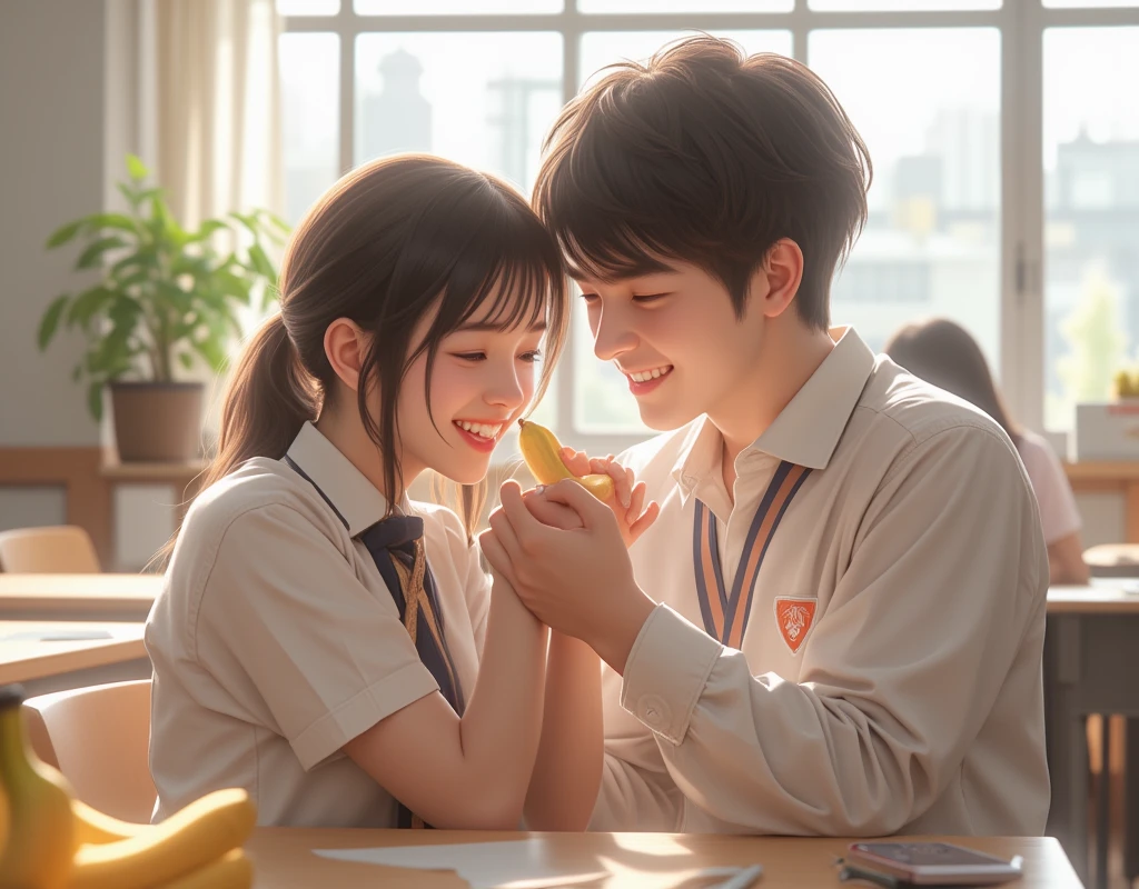 whole body、High school classroom、 short hair、A male student is holding a banana in his hand and feeding a female student、 chair during my trip to Spain、 beautiful girls、Handsome boy 、 wearing a high school uniform 、smile、