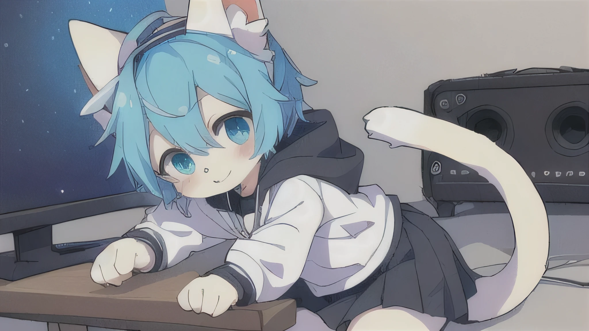 (nsfw:1.7), (anime art),(masterpiece),(highest quality:1.2),((Perfect Anatomy)),(Perfect Fingers:1.3),(1 girl),(solo),(white hoodie costume:1.3),(put a hood on head:1.3),(white cat ears on hood:1.3),beautiful and detailed blue eyes,girl with a pretty face,pastel blue hair,(Hold a smartphone with one hand and operate it with one hand),(in blue classroom),(table),(pastel blue theme), (crop top) (pussy exposed)(stomach exposed) (pussy exposed) (thighs) ,wide shot 