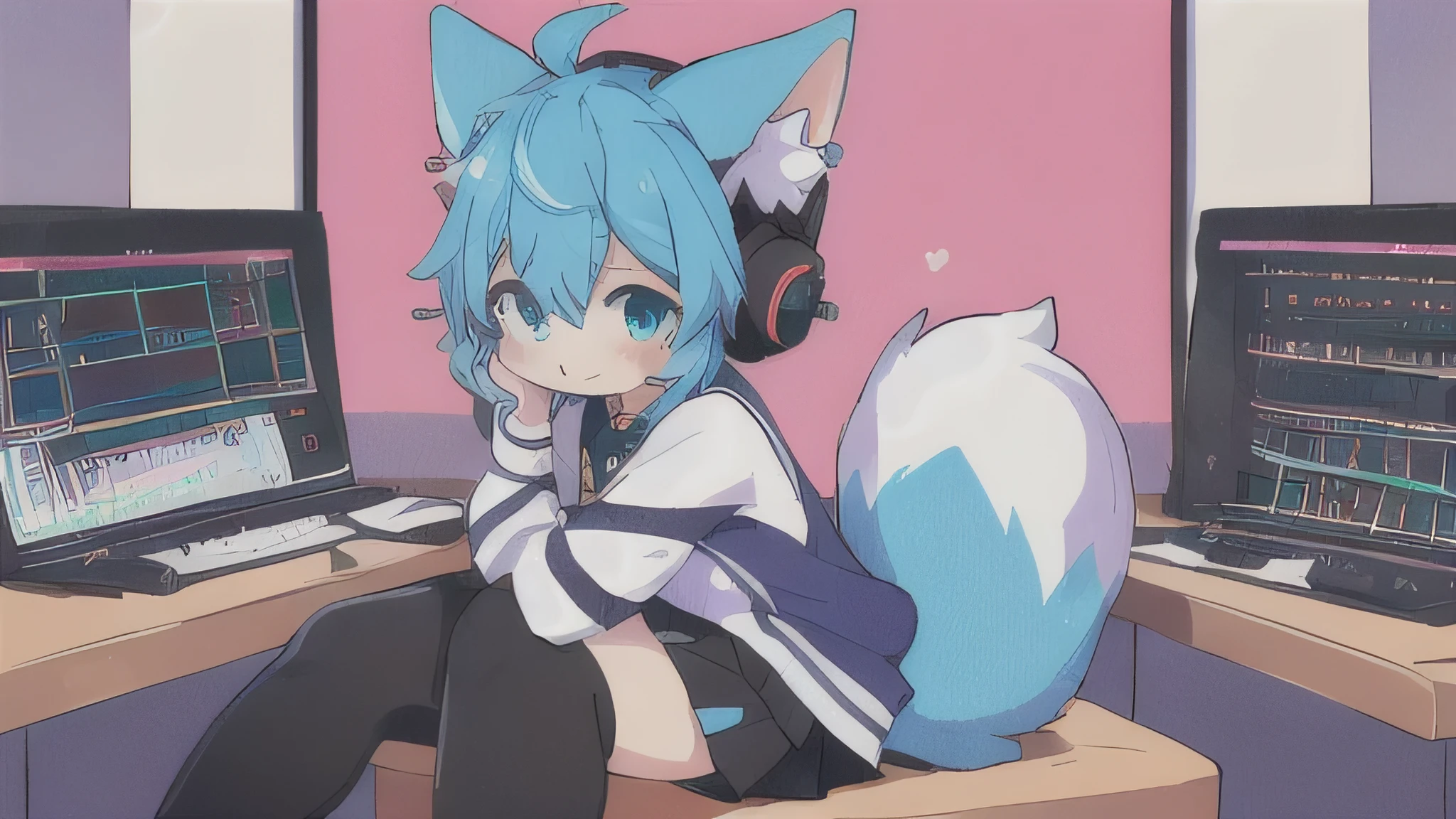 anime character with white headphones and blue hair sitting on a table, anime catgirl, femboy, catbot, cute anime catgirl, anime girl with cat ears, anime artstyle, beautiful anime catgirl, anime style 4 k, anime cat, mikudayo, girl with cat ears, chibi neko, anime vibes, retro vibes, vivid image colors, wearing cat ear headphones, anime aesthetic, hatsune miku short hair, anime ears, Furry, nekoboy, femboy, boy, chibi, blue hair, retro space, blue jacket, cute, kawaii, listen music, boy, with black skirt, white bluse, blue jacket, happy, cute eyes, Black skirt, big thighs, legs, music, musical studio, studio, musical background, music studio, Black skirt, headphones, black tights, blue and white sweatshirt, white t-shirt, adorable nervous face, music producer, neko, teen