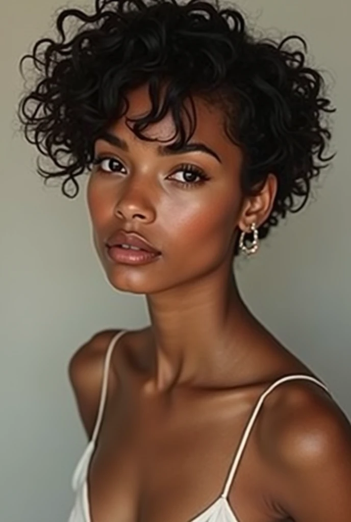 A stunning ebony woman can be seen peering out the window at the distant jungle, in the futuristic spacecraft. The woman has (black skin), tan skin, juicy lips, bimbo lips, kissable lips, large green eyes (afro curly black hair), (flawless face), cute face, oiled skin, tan, intricate eye detail, chubby face, sunburnt ebony skin, detailed (wrinkles, blemishes!, folds!, moles, viens, pores!!, skin imperfections:1.1), she od very tired. Her face is close to the glass, looks though the windows, his hands resting against the glass. You can see spend great exhaustion on her the face. Face in profile, Profile photo shoulder frame. Perfect hands, (she is wrapped in a sheet), She is naked, wet skin. The interior of the futuristic ship is white and black. rain wet glass outside, (Bright morning light)