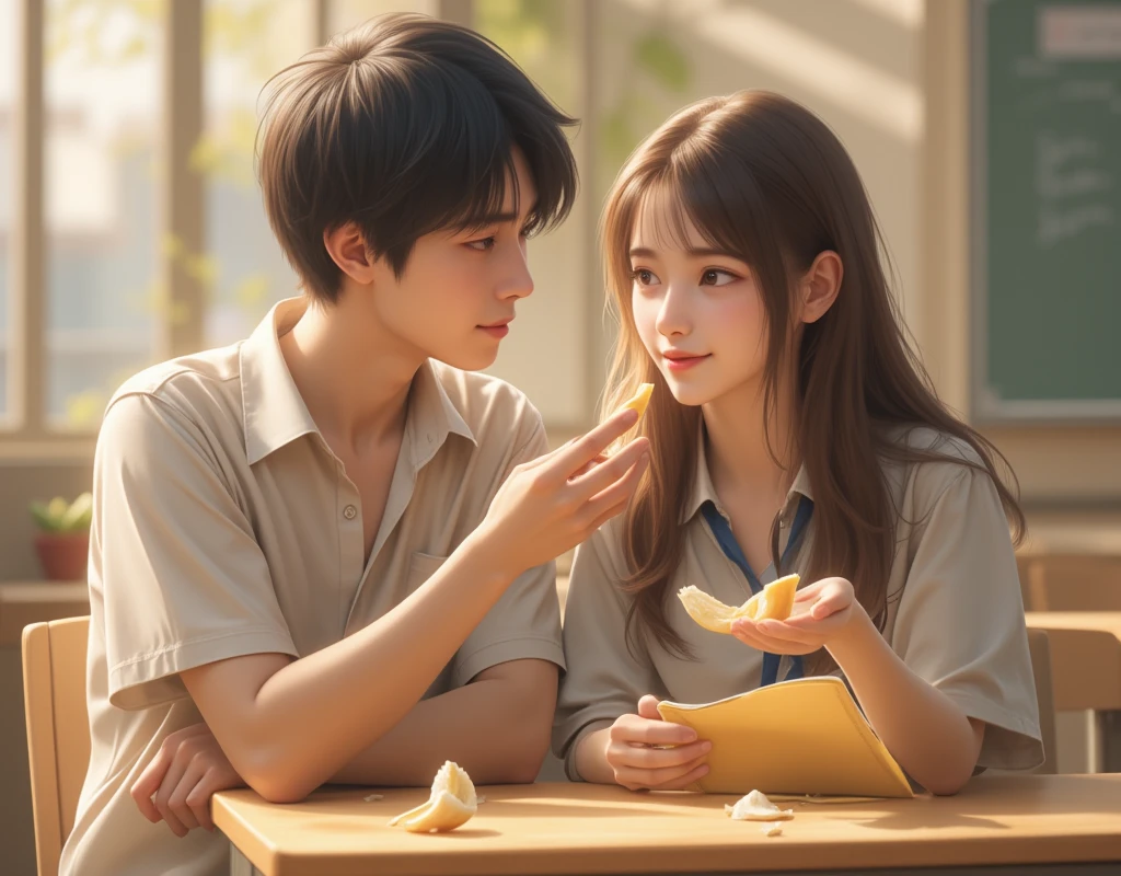 whole body、High school classroom、 short hair、A male student holds a peeled banana in his hand and feeds a female student、 chair during my trip to Spain、 beautiful girls、Handsome boy 、 wearing a high school uniform 、smile、