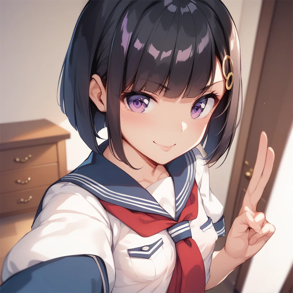 Akiba Tono,give,Best Quality,masterpiece,  Spane's illustration, 1 girl,Alone,, , {{{Neat girlfriend with small breasts getting her chest rubbed by slutty boys during a sexy selfie　Through the mirror　High School Uniform　Nipple peek　 expression I feel when being rubbed }}}　 plump nipples　 black hair bob cut 　Purple Eye　Selfie image 　「a little bit、 I'm taking it now ？ boobs are shown 」