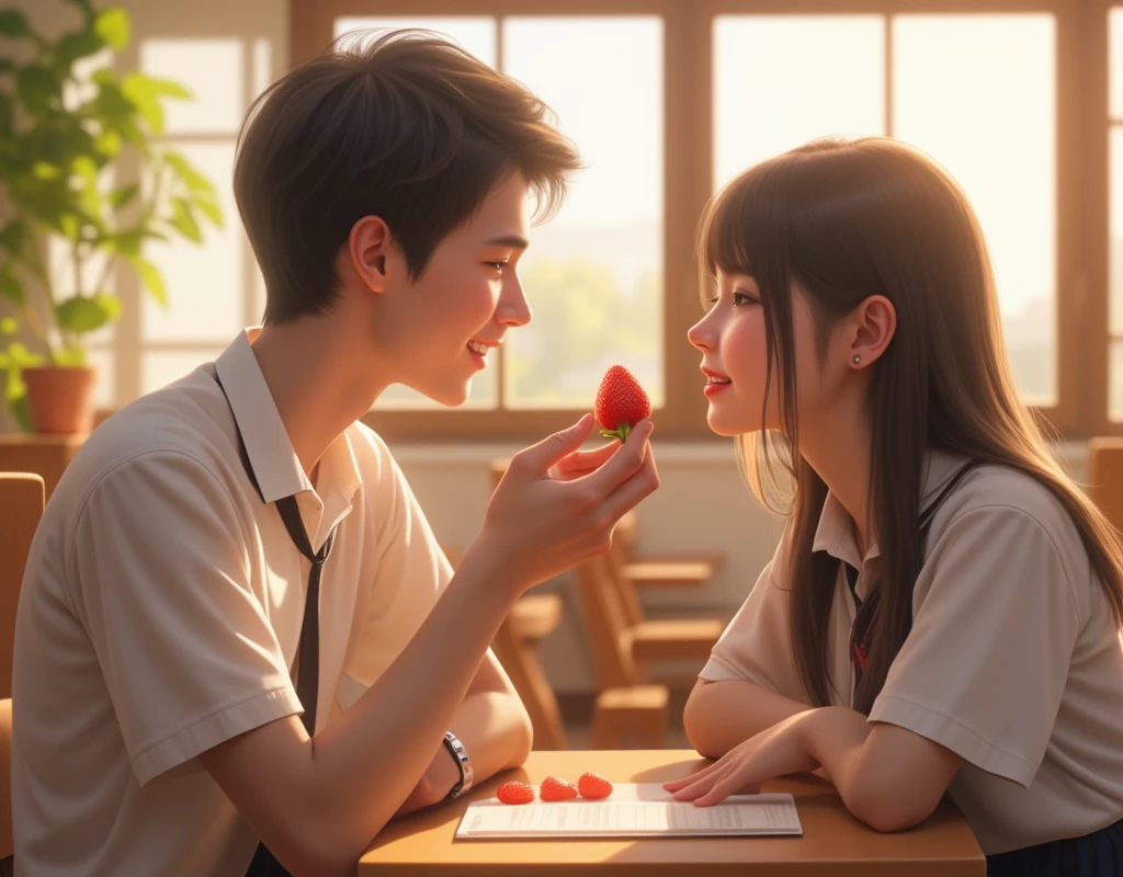 whole body、High school classroom、 short hair、A male student is holding a strawberry in his hand and feeding a female student、 chair during my trip to Spain、 beautiful girls、Handsome boy 、 wearing a high school uniform 、smile、