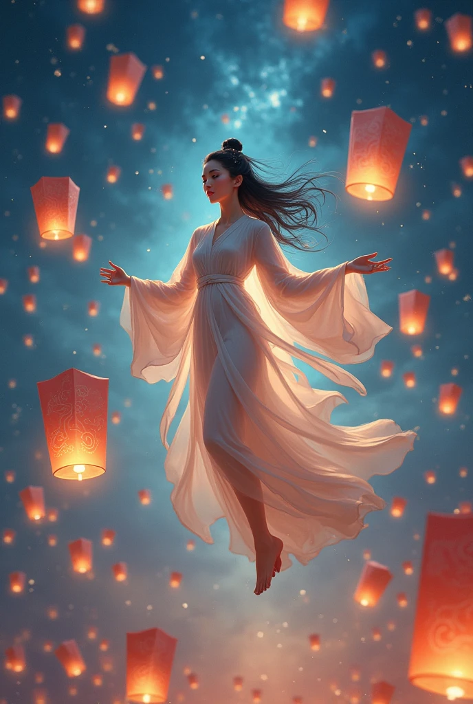 a chinese goddess gliding in the air among the countless floating lanterns in the night sky.