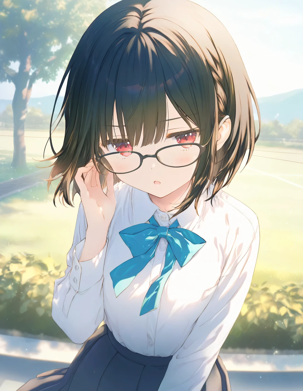 1girl, little female, school uniform, short hair, beautiful , glasses, jitome, open mouth, outdoors,wind, game CG break,((artist:shida_kazuhiro)),(artist:mitsumi_misato),(artist:fujiyama),,(masterpiece), (best quality), (ultra-detailed), very aesthetic, newest, beauty illustration,super detailed skin,  (masterpiece), (best quality), (ultra-detailed), very aesthetic, ,hi res,absurd_res,2023,2024,shaded,digital media (artwork), realistic lighting, 4k, 8k,