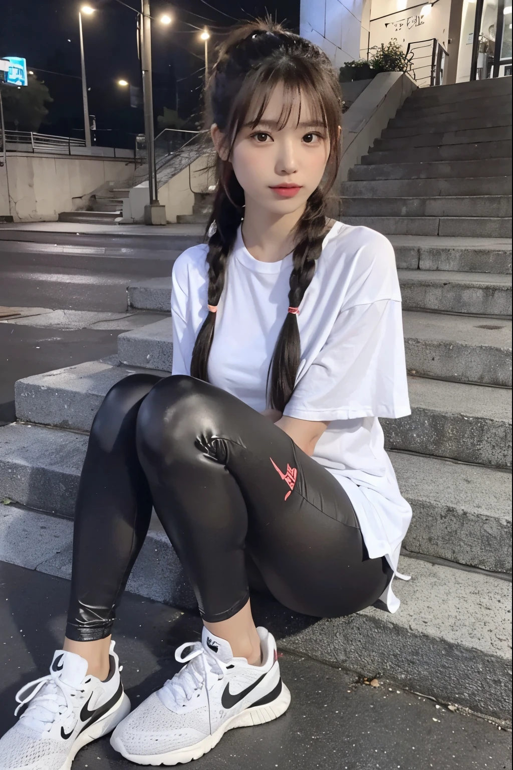 Masterpiece, 4K, bokeh, (Perfect body:1.4), (volleyball uniform:1.5), (Bright Blonde hair:1.5), (ponytail:1.2),(Blushed face:1.3), (Plump breast:1.2), (Sitting in stairway of station:1.2), (Cat ears:1.3),(From below:1.7),(Sundown :1.2), (Orange beautiful sky and clouds:1.2)