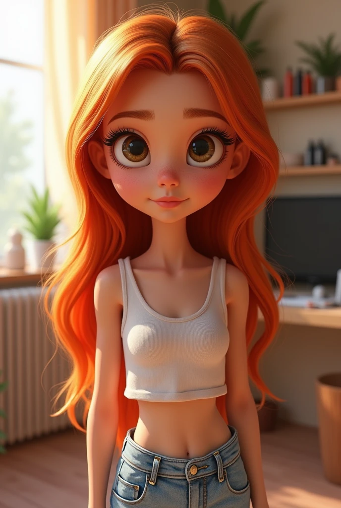 ultra realistic 8k cg, masterpiece, ((ultra detailed background, delicate pattern, intricate detail)), (highly detailed, fine detailest quality, 1girl, (photorealistic:1.4),beautiful lighting,  absurdres, RAW photo, film grain, 1girl, solo, kimberly ann possible, orange hair, green eyes, ((long hair, skimpy white bra, short micro skirt)), straddling pillow, zettai ryoiki, inside, bedroom environment, bed, riding pillow, window, vibrant detailed background, on all fours, showing crotch, vagina lips, small breasts, showing ass, bent over, suggestive pose