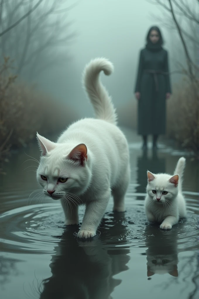 A white female cat dressed in ninja dress with scar across eyes and anger in eyes holding a white kitten covered in blood on river side