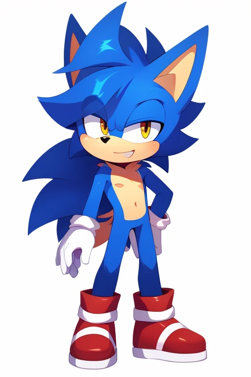 (((masterpiece:1.5, 4K, 8K))), a (((full body:1.5))) high quality digitally drawn rendered image ((by SEGA)) of A solo male anthro ((silver—white hedgehog)), with glowing blue eyes, ((metallic blue eyeliner:1.5)), (((tan muzzle))), (((naked))), no clothing, the android has a seductive smirk on his face