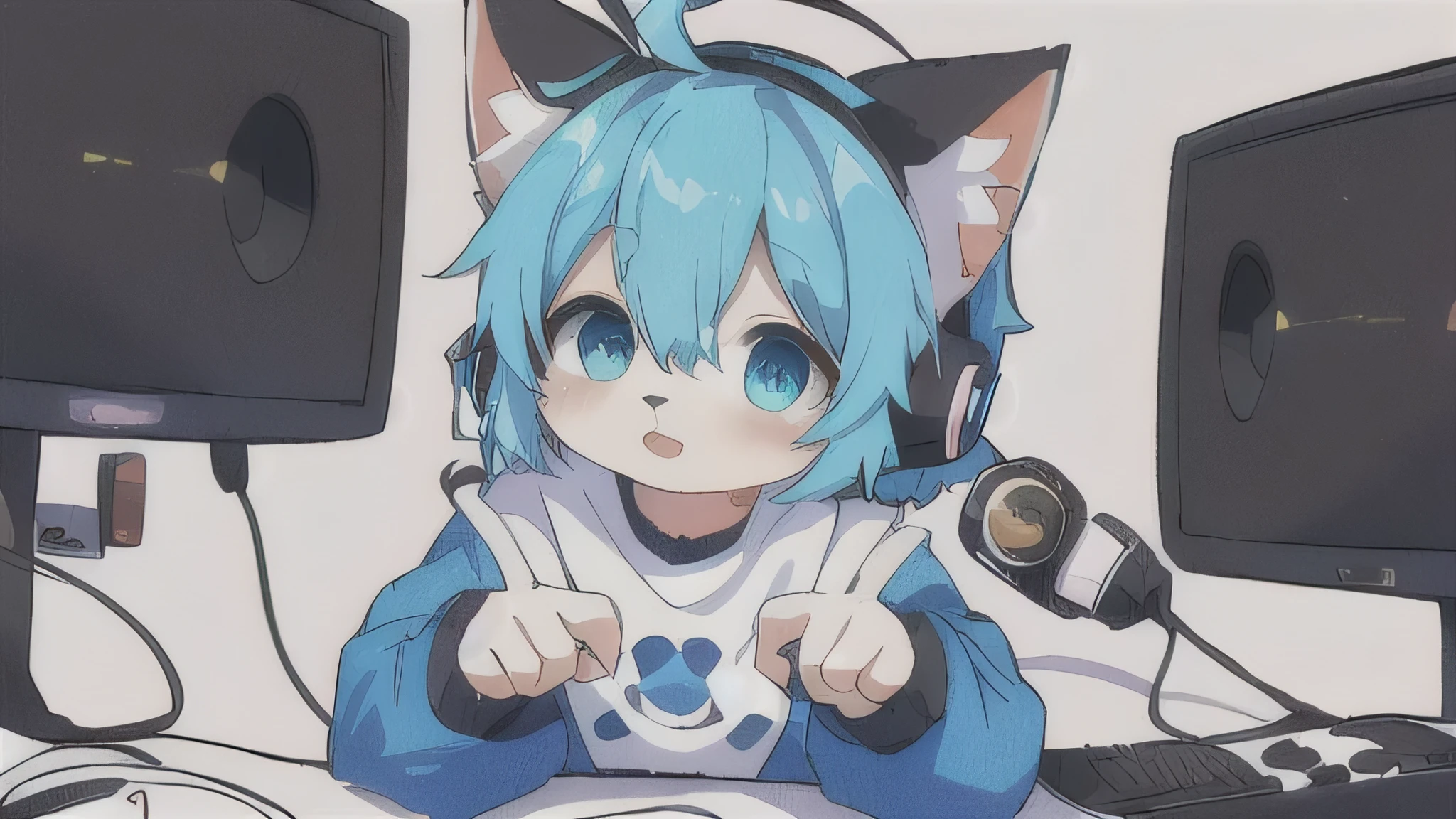 anime character with white headphones and blue hair sitting on a table, anime catgirl, femboy, catbot, cute anime catgirl, anime girl with cat ears, anime artstyle, beautiful anime catgirl, anime style 4 k, anime cat, mikudayo, girl with cat ears, chibi neko, anime vibes, retro vibes, vivid image colors, wearing cat ear headphones, anime aesthetic, hatsune miku short hair, anime ears, Furry, nekoboy, femboy, boy, chibi, blue hair, retro space, blue jacket, cute, kawaii, listen music, boy, with black skirt, white bluse, blue jacket, happy, cute eyes, Black skirt, big thighs, legs, music, musical studio, studio, musical background, music studio, Black skirt, headphones, black tights, blue and white sweatshirt, white t-shirt, adorable nervous face, music producer, neko, teen