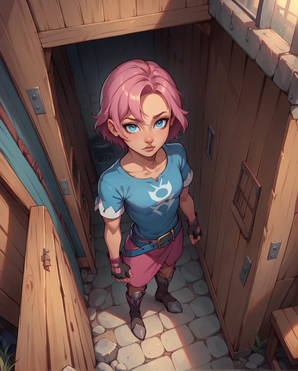 score_9,score_8_above,score_7_above,
Maeve ,Alone. short pink hair with a bow,blue slit paboveils,Blue eyes,
 belt, fingerless gloves ,shirt,shelter,short sleeve,
aboveper body,Standing,
Evening,out,Alley, desnuda,