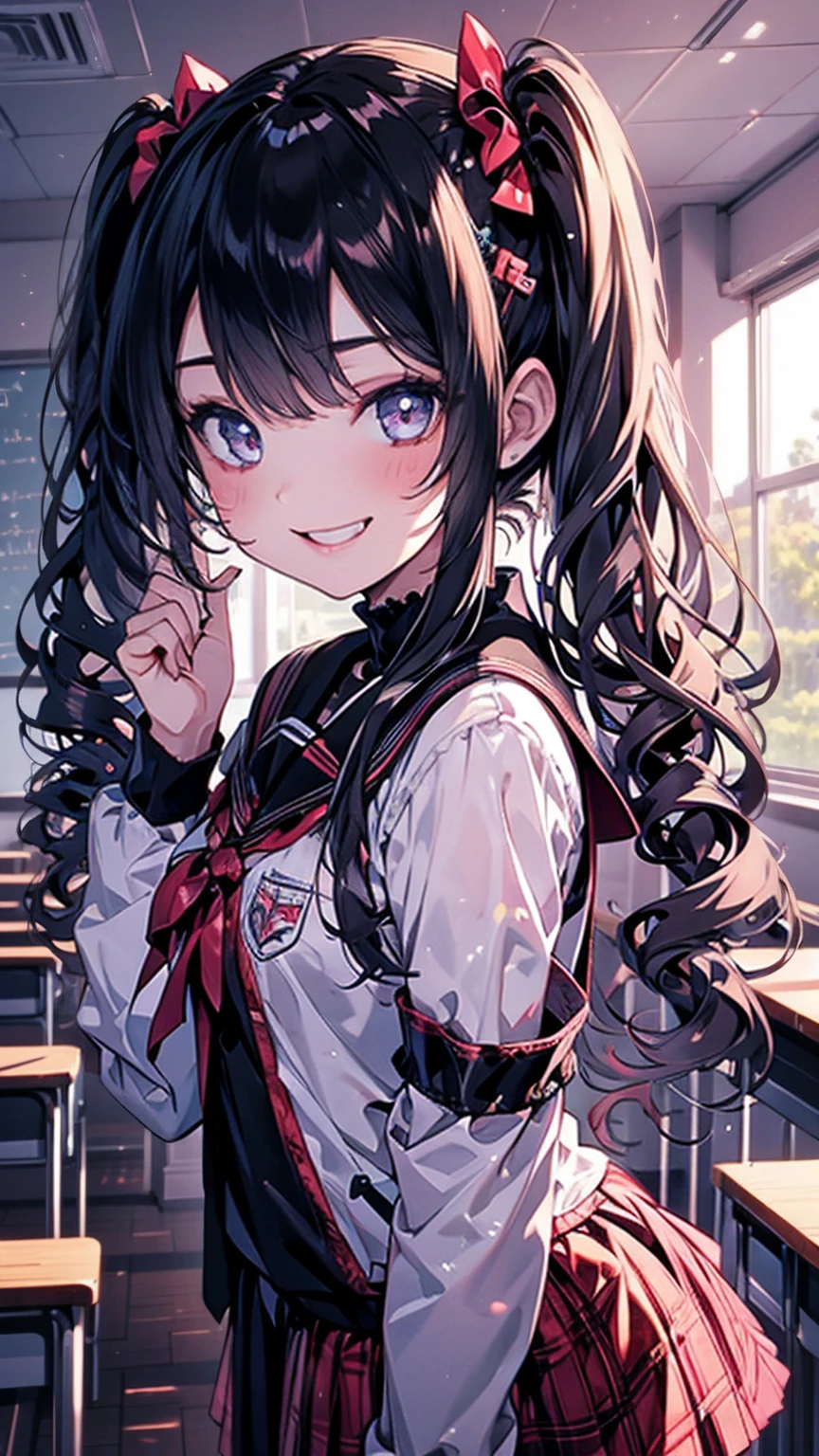 (masterpiece)、(Best Quality)、 highly detailed face holding 1  , straight hair, The dark-haired student ,Small breasts,Evening Classroom,8k,Immorality,  young girl, smile, twin tails,Close your eyes, shy ,lure,I'm holding a long, thin stick
