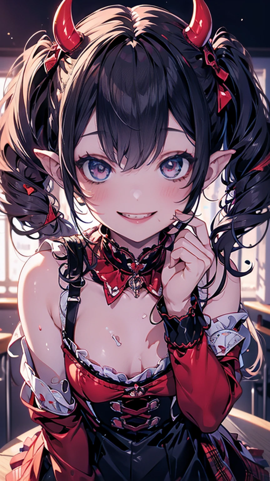 masterpiece, best quality, ultra-detailed, glistening shiny, glowing light, ray tracing, HDR, deph of field, (perfect face, detailed face), <lora:Msyu:0.8>, msyu, long hair, twintails, hair flower, pointy ears, horns, red choker, tube top, strapless, red gloves, red skirt, red thighhighs