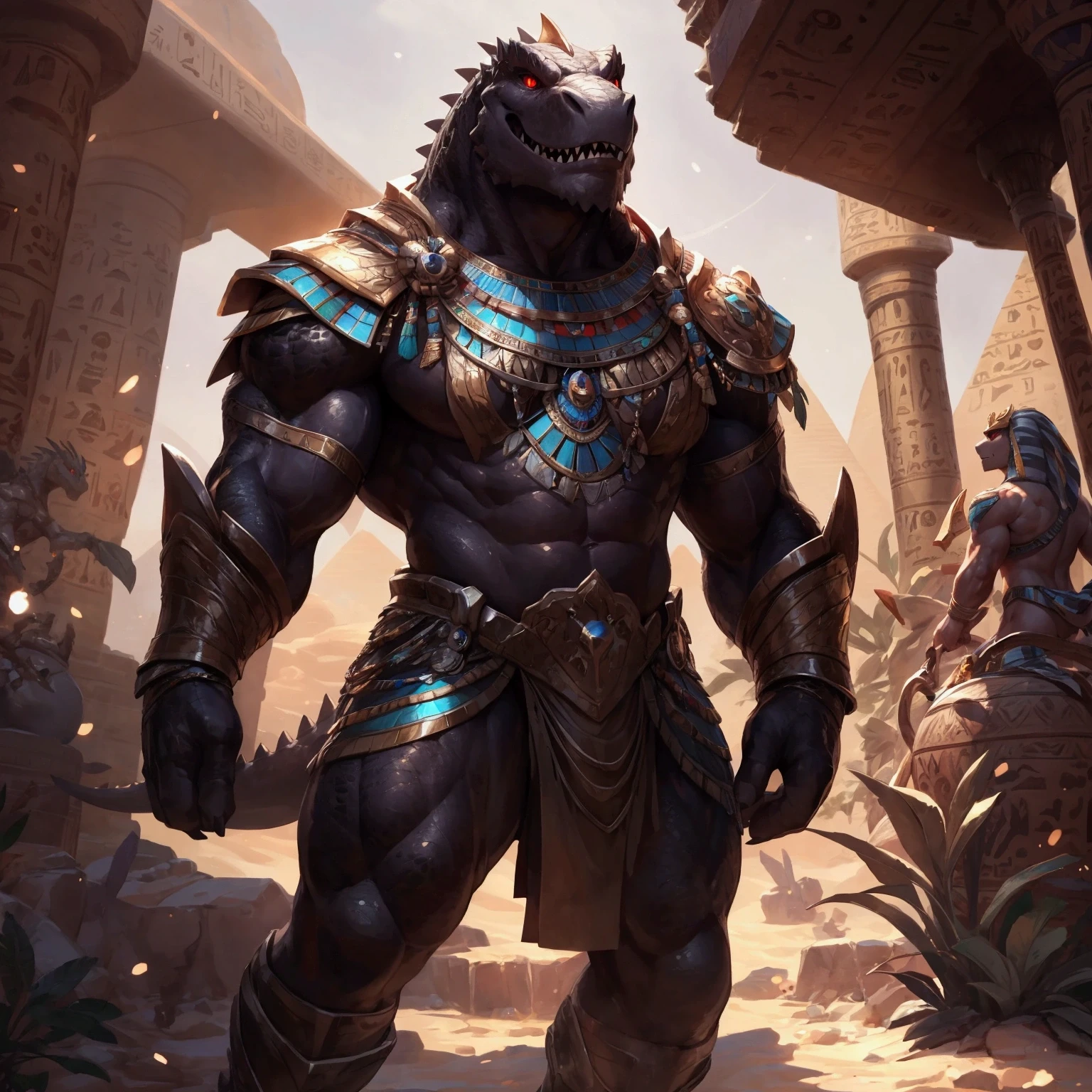 high resolution,Human Dragon,fine scale texture,muscular,Golden scales dotted with black scales,white belly,wingless,blue needle pupils,shy expression,A gesture that attracts the audience,Bania,sharp claws,end,During the day,Wearing a long loincloth,Wear a blue necklace,desert background,Standing on a sand dune,sandstorm,dust,Thermal Imaging,solo,8k masterpiece,best quality, The content is very detailed, expressive, epic setting, The content is very detailed, photography, cinema lights, intricate details, depth of field, background bokeh,Full body image